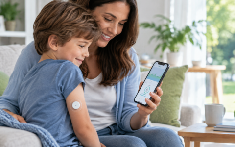 sensor de glicose gratuito Itabuna — criança com FreeStyle Libre e mãe monitorando no celular