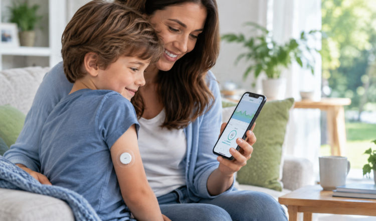 sensor de glicose gratuito Itabuna — criança com FreeStyle Libre e mãe monitorando no celular