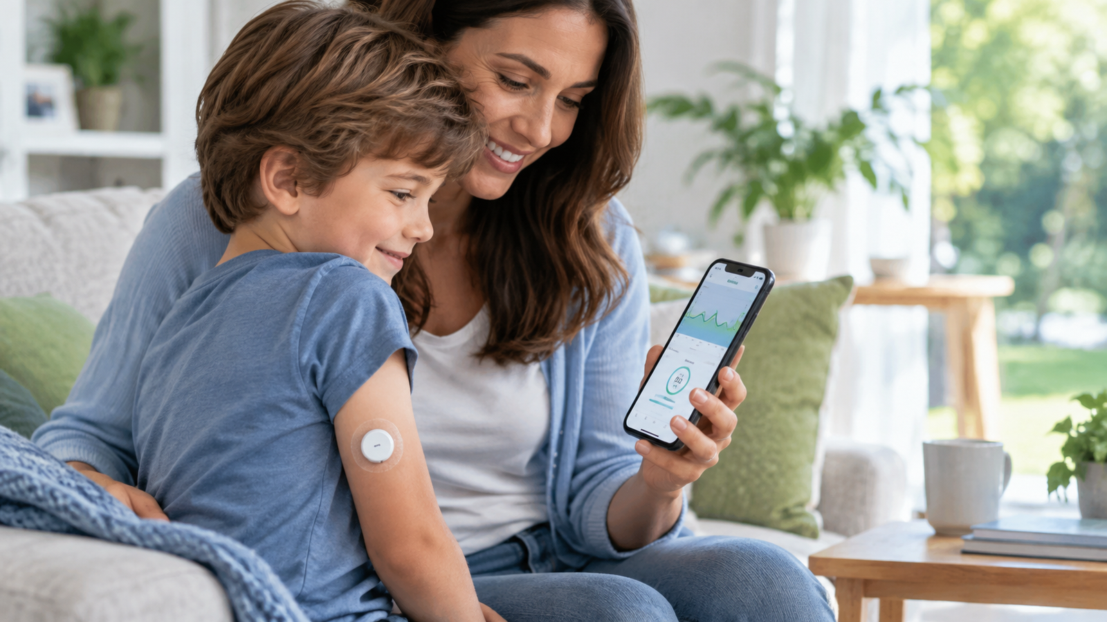 sensor de glicose gratuito Itabuna — criança com FreeStyle Libre e mãe monitorando no celular